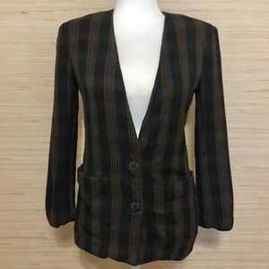 Haberdasher Brown Black Plaid Shoulder Pad Button Front Blazer Size 4